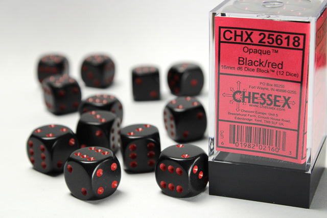 Chessex Opaque Black/Red 16MM D6 Dice Block (12 dice)