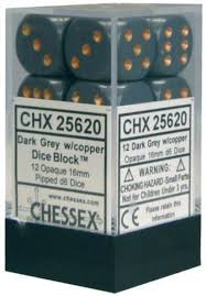 Chessex Opaque Dark Grey/Copper 16MM D6 Dice Block (12 dice)