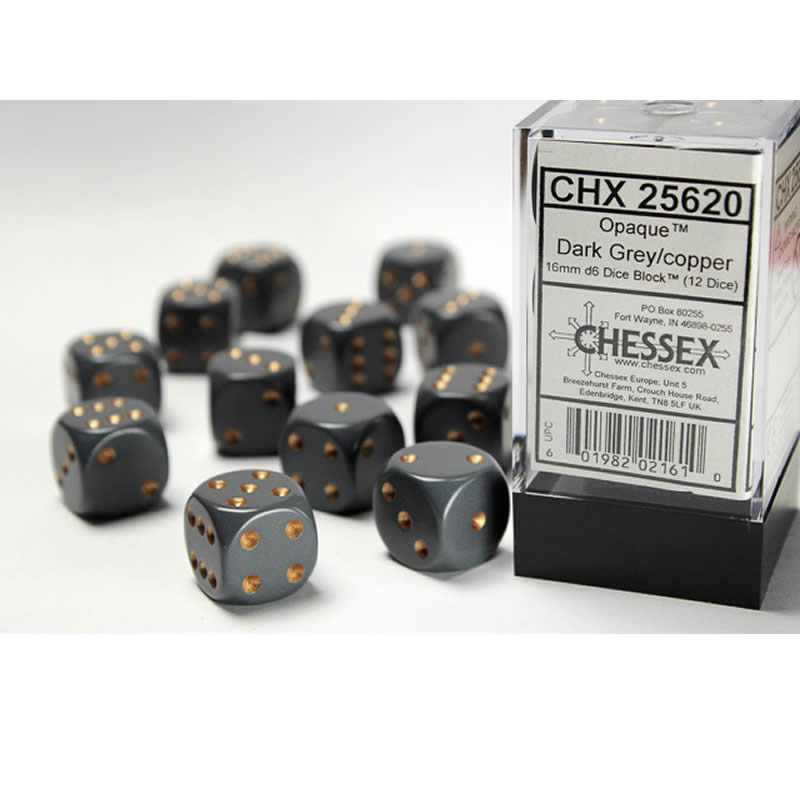 CHX25620 Dark Grey Opaque D6 Dice Copper Pips 16mm (5/8in) Pack of 12 (ONLINE ORDER ONLY)