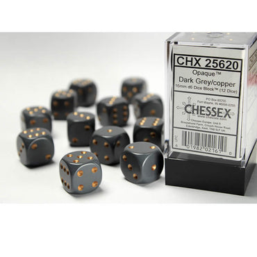 CHX25620 Dark Grey Opaque D6 Dice Copper Pips 16mm (5/8in) Pack of 12 (ONLINE ORDER ONLY)