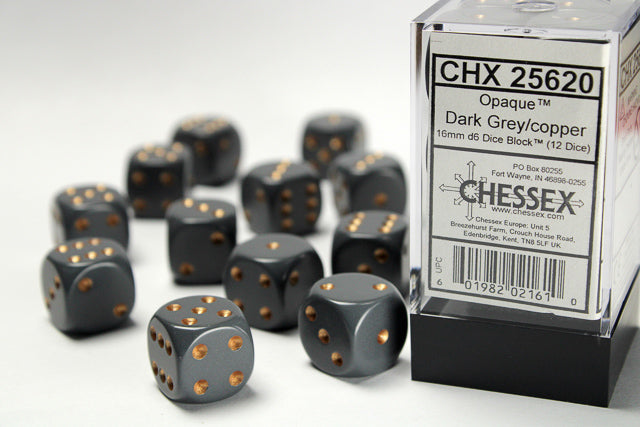 Chessex Opaque Dark Grey/Copper 16MM D6 Dice Block (12 dice)