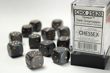 Chessex Opaque Dark Grey/Copper 16MM D6 Dice Block (12 dice)