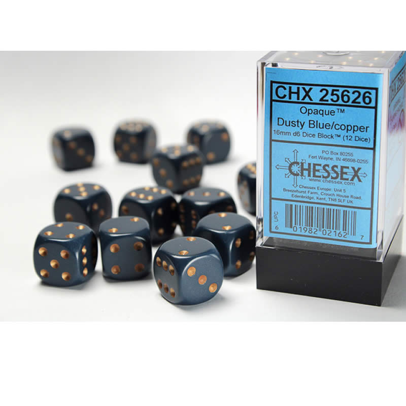 CHX25626 Dusty Blue Opaque D6 Dice Copper Pips 16mm (5/8in) Pack of 12 (ONLINE ORDER ONLY)