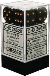 Chessex Opaque Black/Gold 16MM D6 Dice Block (12 dice)