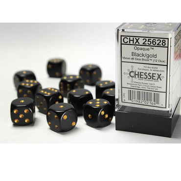 CHX25628 Black Opaque D6 Dice with Gold Pips 16mm (5/8in) Pack of 12 (ONLINE ORDER ONLY)