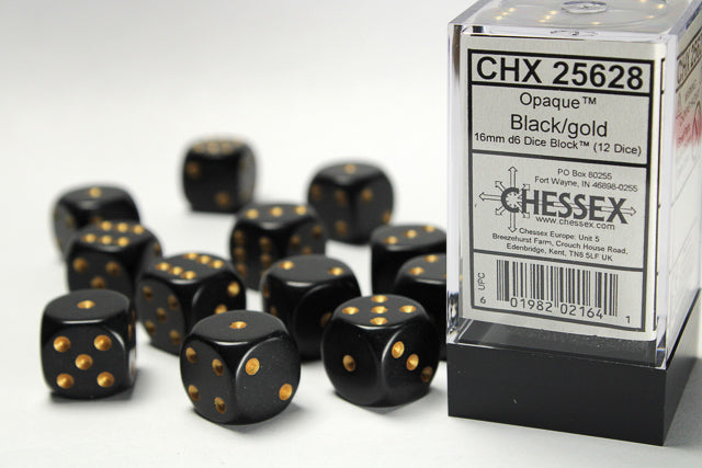 Chessex Opaque Black/Gold 16MM D6 Dice Block (12 dice)