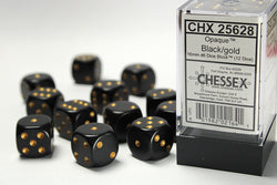 Chessex Opaque Black/Gold 16MM D6 Dice Block (12 dice)
