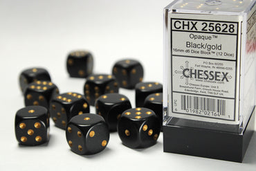 Chessex Opaque Black/Gold 16MM D6 Dice Block (12 dice)