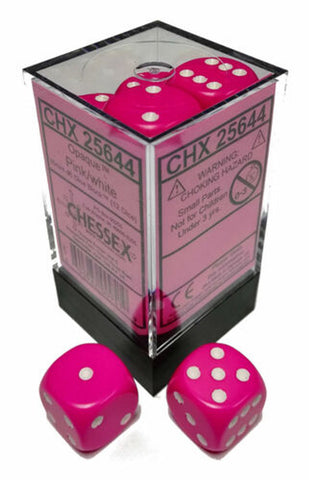 Chessex Opaque Pink/White 16MM D6 Dice Block (12 dice)