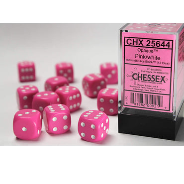 CHX25644 Pink Opaque D6 Dice with White Pips 16mm (5/8in) Pack of 12 (ONLINE ORDER ONLY)
