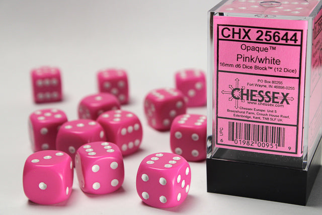 Chessex Opaque Pink/White 16MM D6 Dice Block (12 dice)