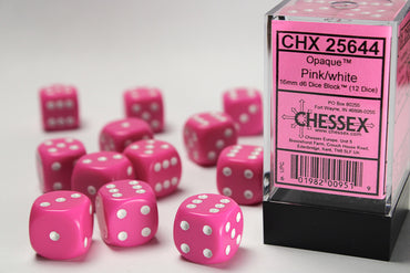 Chessex Opaque Pink/White 16MM D6 Dice Block (12 dice)