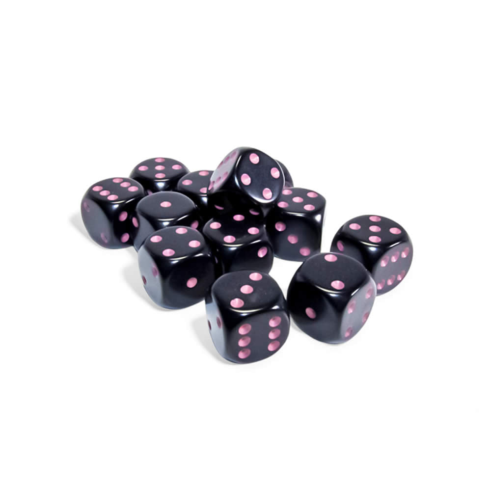 CHX25648 Black Opaque D6 Dice with Pink Pips 16mm (5/8in) Pack of 12 Dice (ONLINE ORDER ONLY)