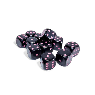 CHX25648 Black Opaque D6 Dice with Pink Pips 16mm (5/8in) Pack of 12 Dice (ONLINE ORDER ONLY)