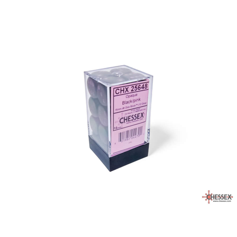 CHX25648 Black Opaque D6 Dice with Pink Pips 16mm (5/8in) Pack of 12 Dice (ONLINE ORDER ONLY)