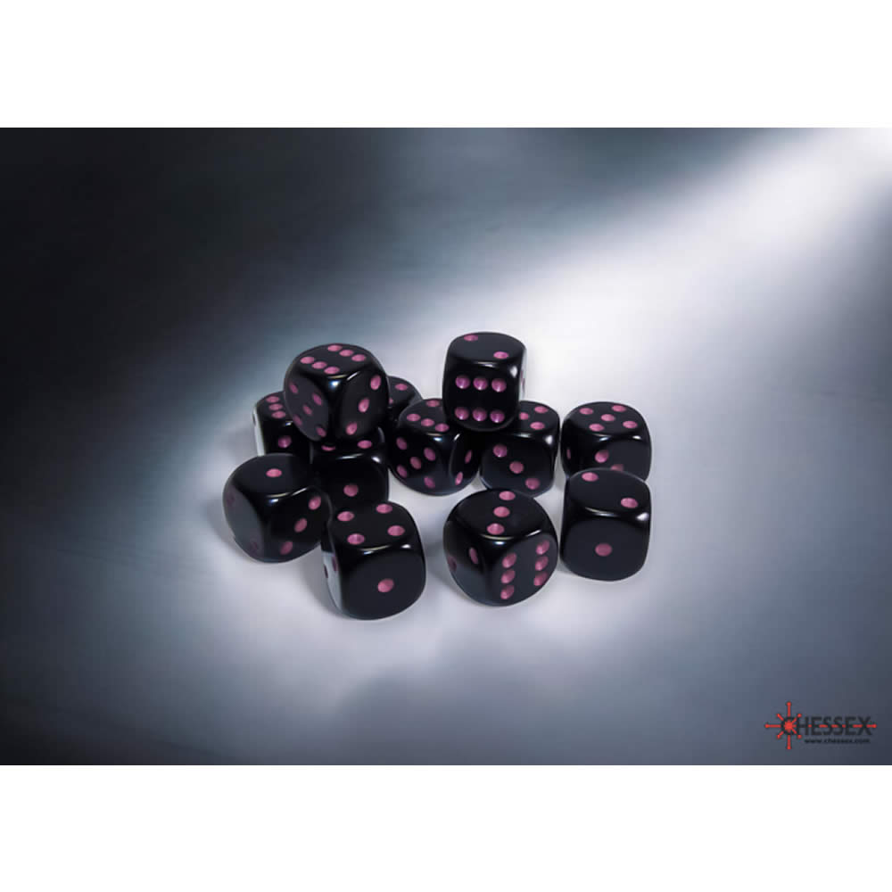 CHX25648 Black Opaque D6 Dice with Pink Pips 16mm (5/8in) Pack of 12 Dice (ONLINE ORDER ONLY)