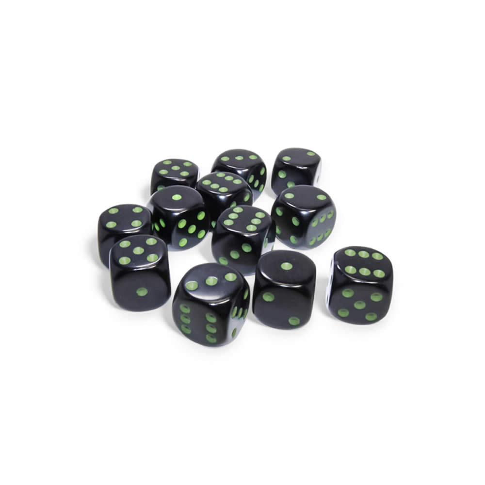 CHX25658 Black Opaque D6 Dice with Green Pips 16mm (5/8in) Pack of 12 Dice (ONLINE ORDER ONLY)