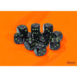 CHX25658 Black Opaque D6 Dice with Green Pips 16mm (5/8in) Pack of 12 Dice (ONLINE ORDER ONLY)