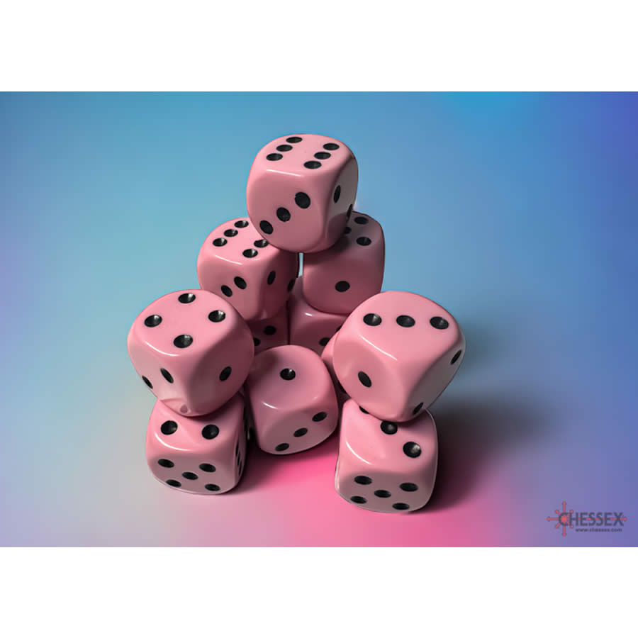 CHX25664 Pink Pastel D6 Dice with Black Pips 16mm (5/8in) Pack of 12 Dice (ONLINE ORDER ONLY)