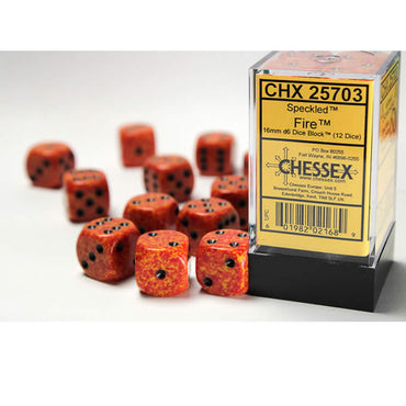 CHX25703 Fire Speckled D6 Dice with Black Pips 16mm (5/8in) Pack of 12 (ONLINE ORDER ONLY)