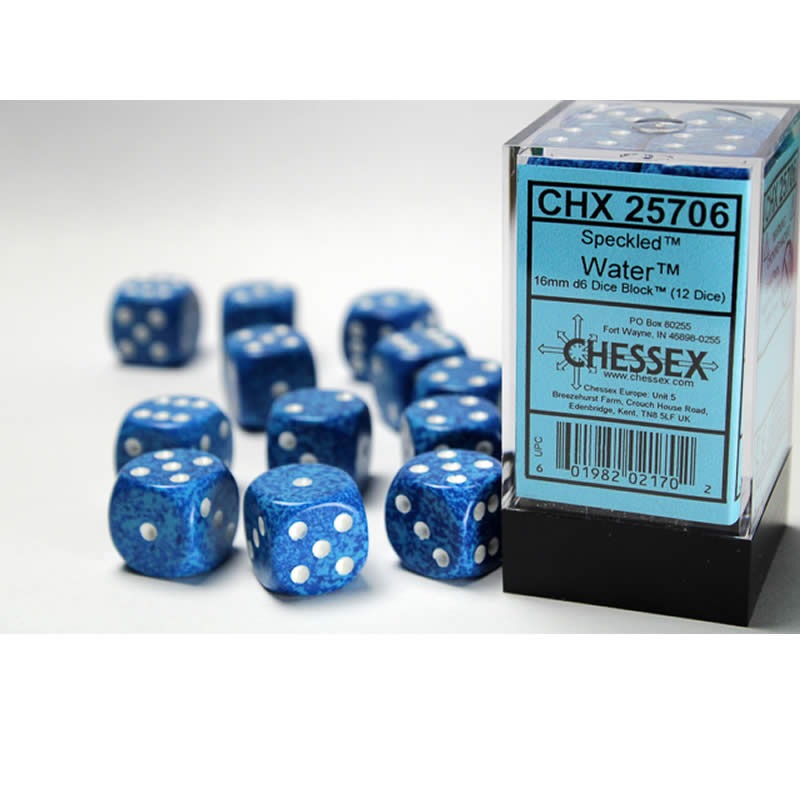 CHX25706 Water Speckled D6 Dice with White Pips 16mm (5/8in) Pack of 12 (ONLINE ORDER ONLY)