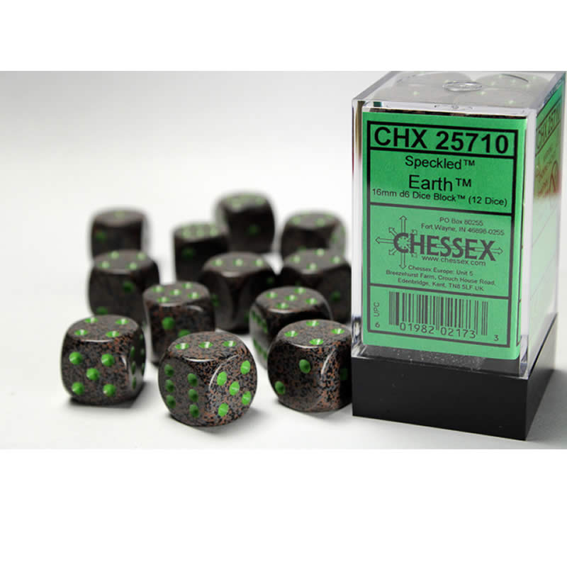 CHX25710 Earth Speckled D6 Dice with Green Pips 16mm (5/8in) Pack of 12 (ONLINE ORDER ONLY)