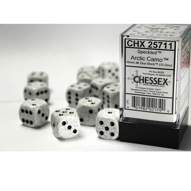 CHX25711 Arctic Camo Speckled D6 Dice Black Pips 16mm Pack of 12 (ONLINE ORDER ONLY)
