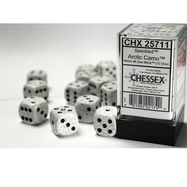 CHX25711 Arctic Camo Speckled D6 Dice Black Pips 16mm Pack of 12 (ONLINE ORDER ONLY)