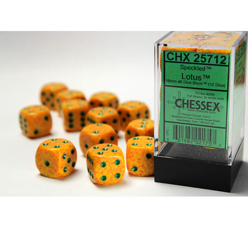 CHX25712 Lotus Speckled D6 Dice with Green Pips 16mm (5/8in) Pack of 12 (ONLINE ORDER ONLY)