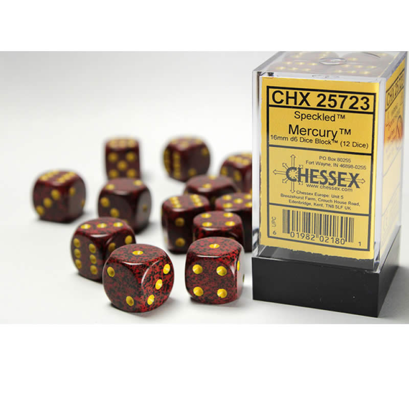 CHX25723 Mercury Speckled D6 Dice Yellow Pips 16mm (5/8in) Pack of 12 (ONLINE ORDER ONLY)