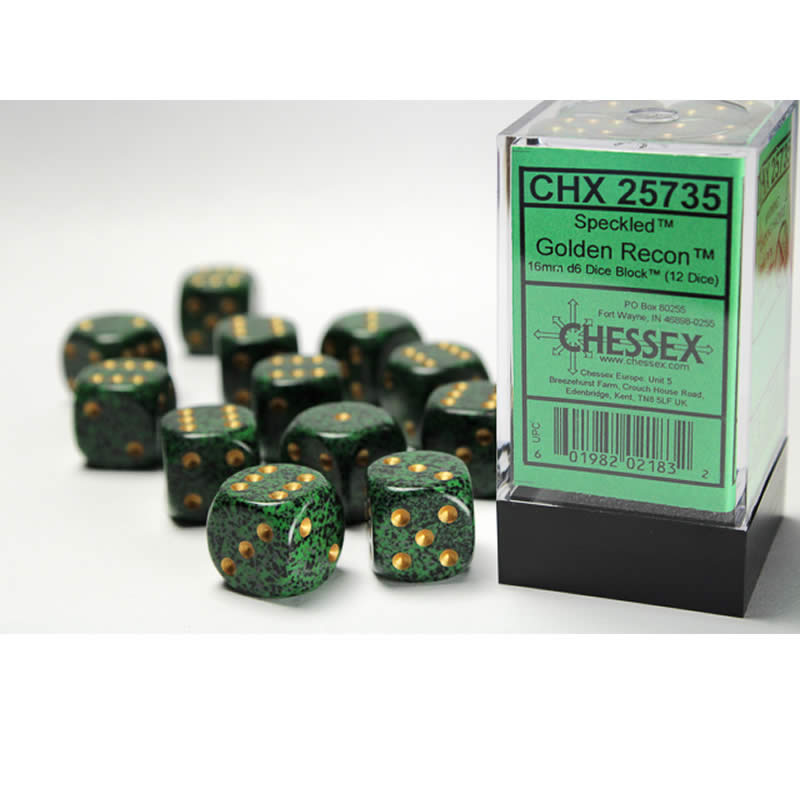 CHX25735 Golden Recon Speckled D6 Dice Gold Pips 16mm Pack of 12 (ONLINE ORDER ONLY)