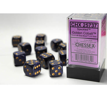 CHX25737 Golden Cobalt Speckled D6 Dice Gold Pips 16mm Pack of 12 (ONLINE ORDER ONLY)