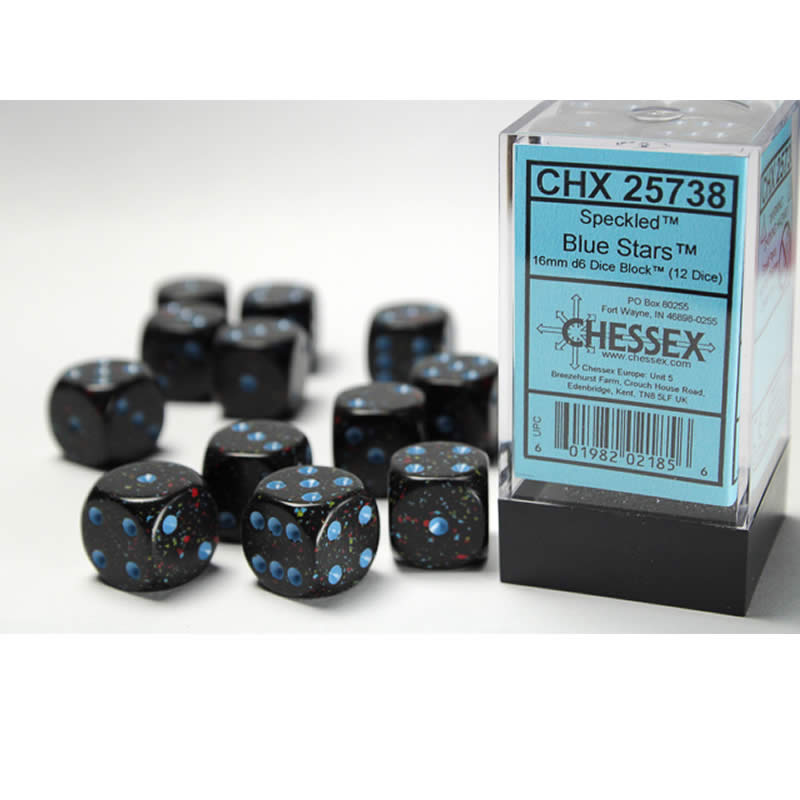 CHX25738 Blue Stars Speckled D6 Dice Blue Pips 16mm (5/8in) Pack of 12 (ONLINE ORDER ONLY)