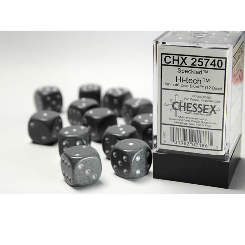 CHX25740 Hi Tech Speckled D6 Dice Silver Pips 16mm (5/8in) Pack of 12 (ONLINE ORDER ONLY)