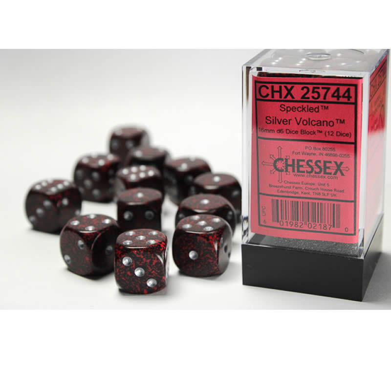 CHX25744 Silver Volcano Speckled D6 Dice Silver Pips 16mm Pack of 12 (ONLINE ORDER ONLY)
