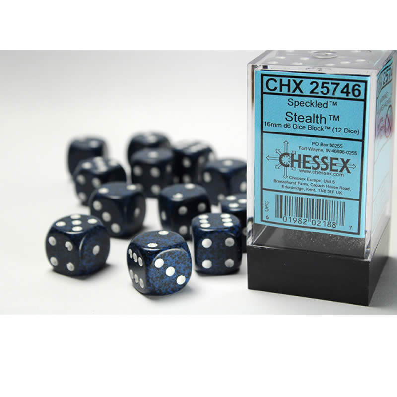 CHX25746 Stealth Speckled D6 Dice White Pips 16mm (5/8in) Pack of 12 (ONLINE ORDER ONLY)
