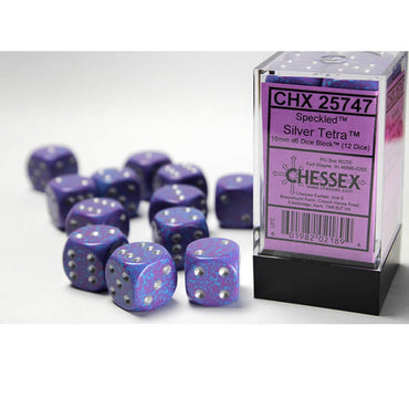 CHX25747 Silver Tetra Speckled D6 Dice Silver Pips 16mm Pack of 12 (ONLINE ORDER ONLY)