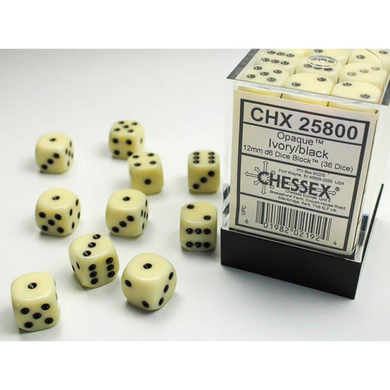 CHX25800 Ivory Opaque D6 Dice with Black Pips 12mm (1/2in) Pack of 36 (ONLINE ORDER ONLY)
