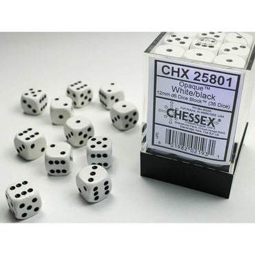 CHX25801 White Opaque D6 Dice with Black Pips 12mm (1/2in) Pack of 36 (ONLINE ORDER ONLY)