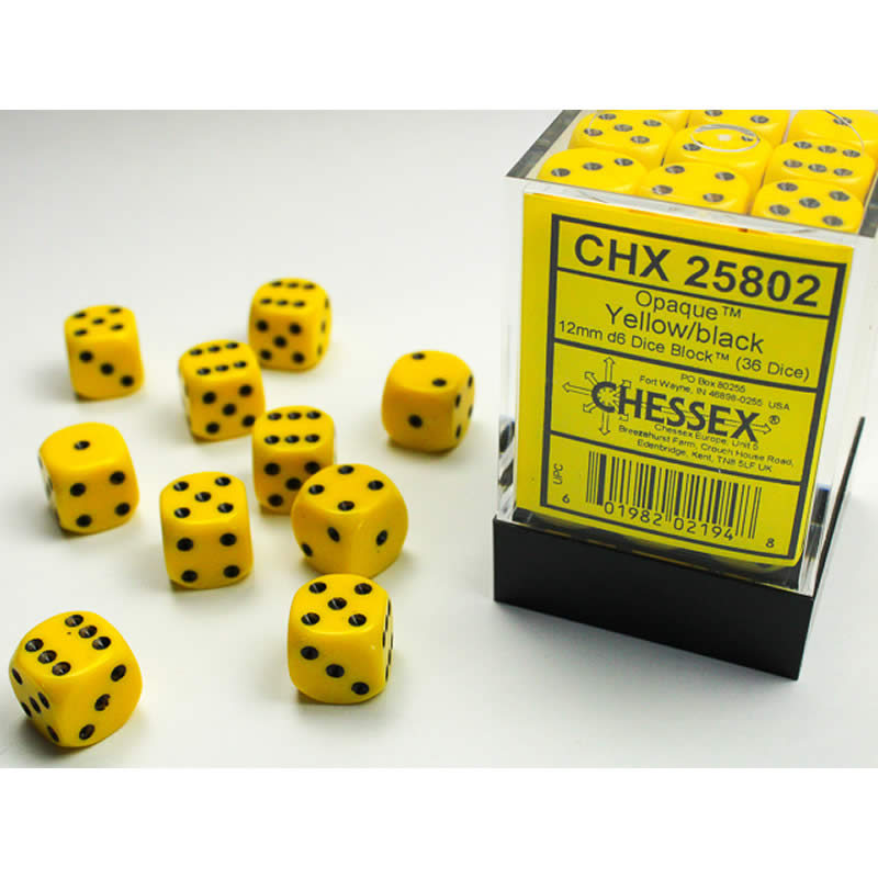 CHX25802 Yellow Opaque D6 Dice with Black Pips 12mm (1/2in) Pack of 36 (ONLINE ORDER ONLY)
