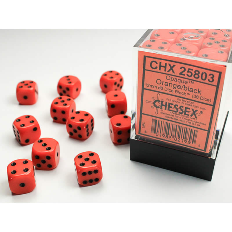 CHX25803 Orange Opaque D6 Dice with Black Pips 12mm (1/2in) Pack of 36 (ONLINE ORDER ONLY)