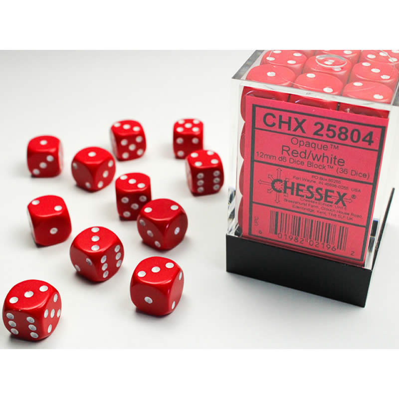 CHX25804 Red Opaque D6 Dice with White Pips 12mm (1/2in) Pack of 36 (ONLINE ORDER ONLY)
