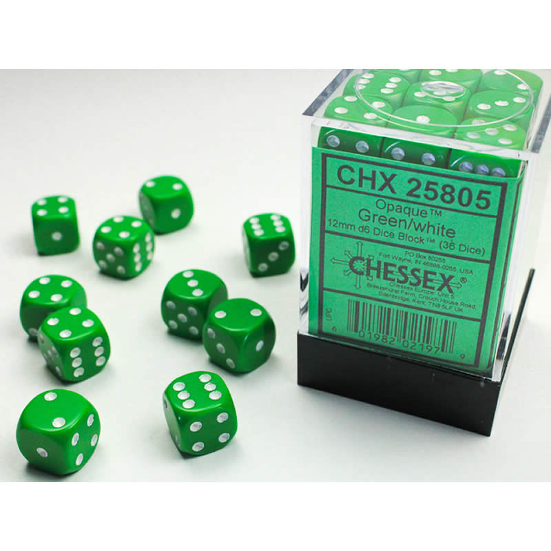 CHX25805 Green Opaque D6 Dice with White Pips 12mm (1/2in) Pack of 36 (ONLINE ORDER ONLY)