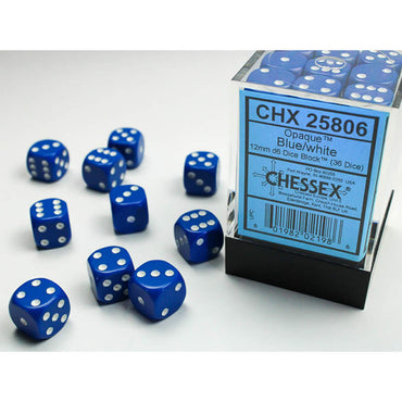 CHX25806 Blue Opaque D6 Dice with White Pips 12mm (1/2in) Pack of 36 (ONLINE ORDER ONLY)