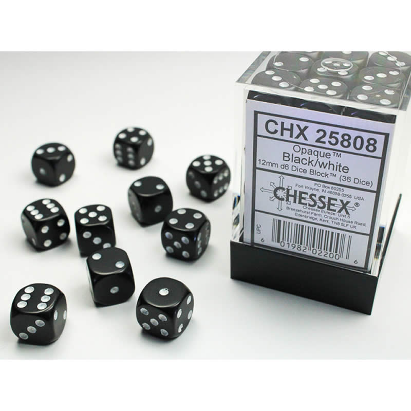 CHX25808 Black Opaque D6 Dice with White Pips 12mm (1/2in) Pack of 36 (ONLINE ORDER ONLY)