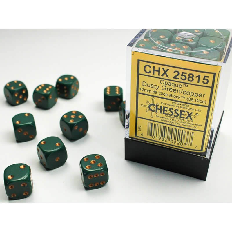 CHX25815 Dusty Green Opaque D6 Dice Copper Pips 12mm Pack of 36 (ONLINE ORDER ONLY)