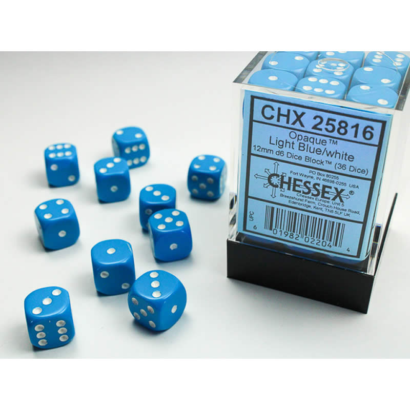 CHX25816 Light Blue Opaque Dice White Pips D6 12mm (1/2in) Pack of 36 (ONLINE ORDER ONLY)