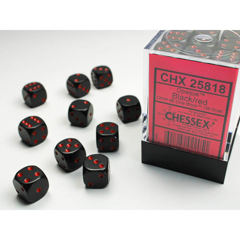 CHX25818 Black Opaque D6 Dice with Red Pips 12mm (1/2in) Pack of 36 (ONLINE ORDER ONLY)