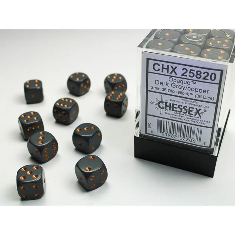 CHX25820 Dark Grey Opaque D6 Dice Copper Pips 12mm (1/2in) Pack of 36 (ONLINE ORDER ONLY)