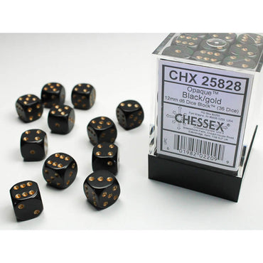 CHX25828 Black Opaque D6 Dice with Gold Pips 12mm (1/2in) Pack of 36 (ONLINE ORDER ONLY)